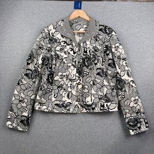 St John Sport Jacket Womens Medium Black White Floral Button Up Cotton Stretch